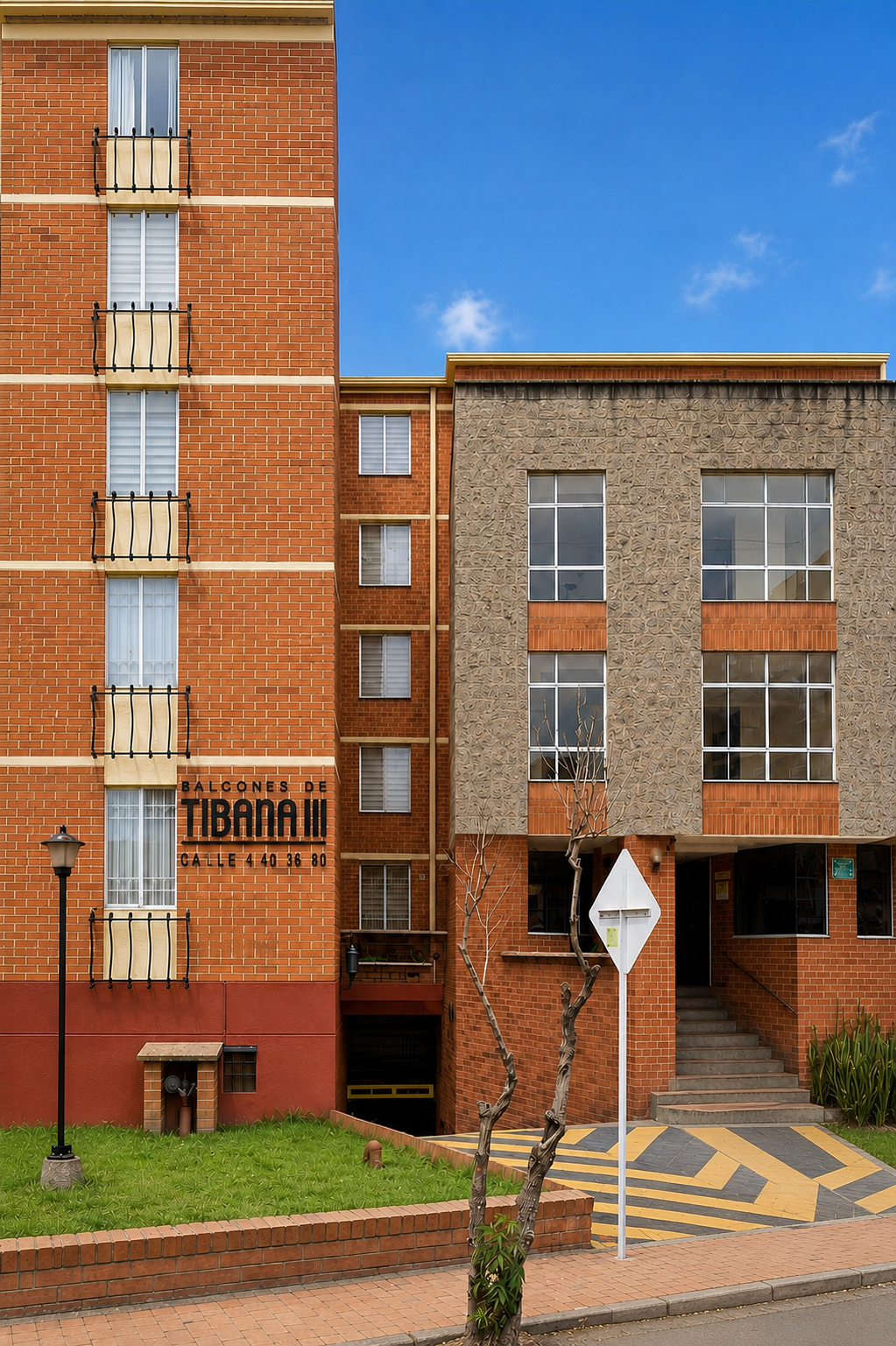 Fachada del Conjunto Residencial Balcones de Tibaná 3 P.H. en un día soleado, sin vehículos al frente